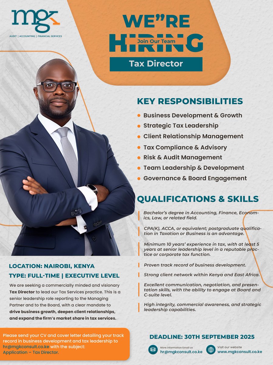 MGK_Consulting's tweet image. Are you an experienced tax leader ready for your next challenge? We're hiring a new Tax Director to lead our dynamic team and drive our business forward. Apply below. #mgkat25 #MGKConsulting #taxdirector #hiring #jobopportunity