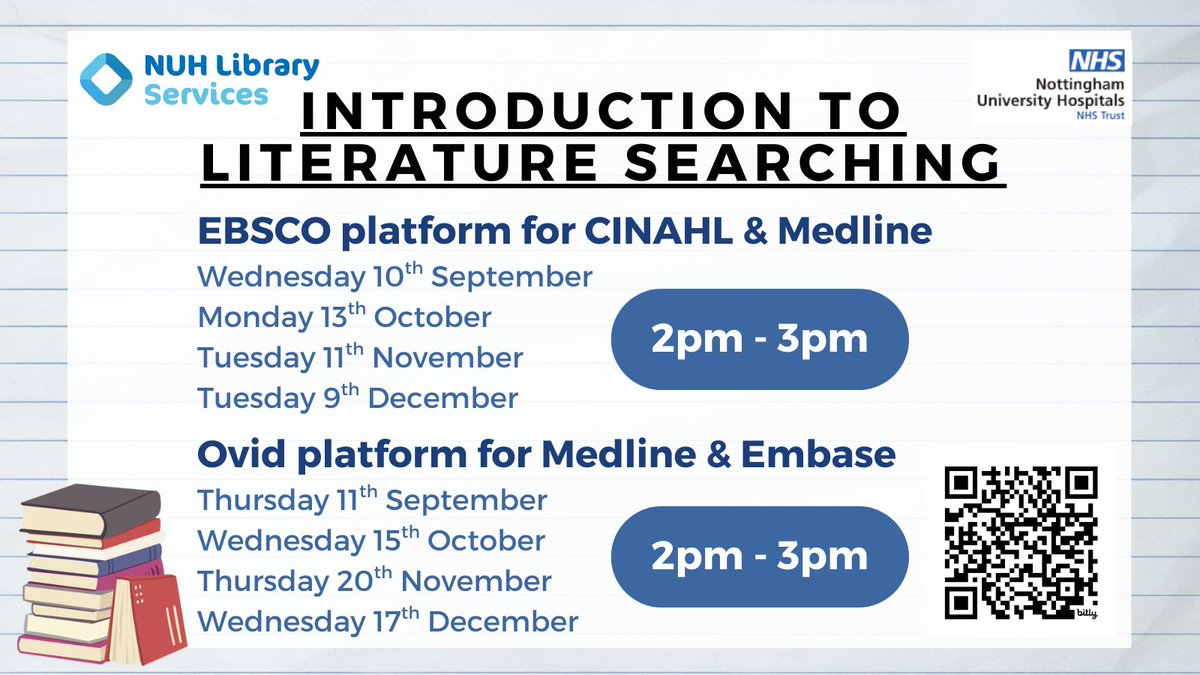 📑 Interested in searching online databases to locate research articles? 📑

Sign up at bit.ly/4bjTxc3 for a one hour Introduction to Literature Searching session, held over Microsoft Teams. Open to NUH staff and students on placement with the Trust only.💻