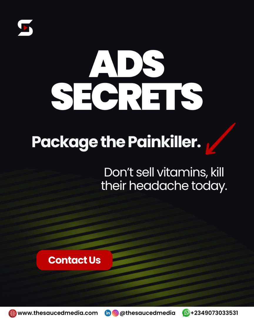 TheSaucedMedia's tweet image. Your ads shouldn’t “look good.”
They should solve problems. 

Sell the painkiller, not the vitamin.
That’s how you win. 

Let’s make your ads sell: thesaucedmedia.com | +2349073033531

#MarketingTips
#AdsThatWork
#GrowthHacks
#TheSaucedMedia