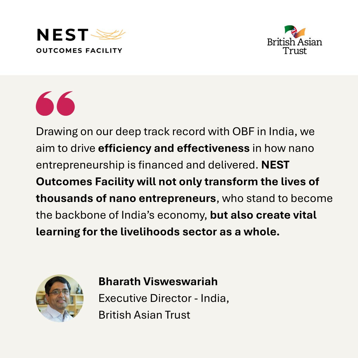 🚀 India’s first outcomes-based finance (OBF) launchpad for nano entrepreneurs is here – introducing the NEST Outcomes Facility! Backed by <a href="/britishasiantst/">British Asian Trust</a>, 360 ONE Foundation &amp; <a href="/BTGroup/">BT Group</a>. 

<a href="/360ONEAsset/">360 ONE Asset</a> <a href="/360ONEWealth/">360 ONE Wealth</a> <a href="/Pratham_India/">Pratham Education Foundation</a> <a href="/cinicell/">CInI</a> <a href="/LEADatKrea/">LEAD at Krea University</a> <a href="/YuWaahIndia/">YuWaah (Generation Unlimited India) at UNICEF</a> <a href="/UNICEFIndia/">UNICEF India</a>