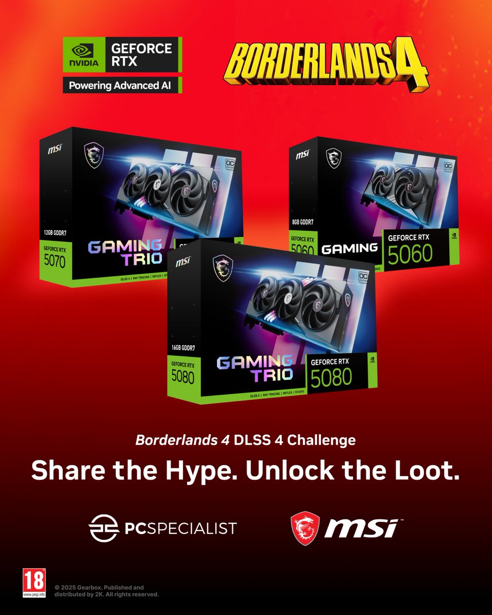 MSI UK (@msi__uk) on Twitter photo Follow, Comment and RT with Borderlands4xDLSS4 to enter!
The Borderlands 4 DLSS 4 Challenge: EN vs DE vs FR - Winning stream team earns prizes for their country!
The more YOU like, comment & share, the more prizes unlock! 🚀
Powered by <a href="/PCSpecialist/">PCSpecialist</a> & <a href="/NVIDIAGeForceUK/">NVIDIA GeForce UK</a> . Follow, Comment and RT with Borderlands4xDLSS4 to enter!
The Borderlands 4 DLSS 4 Challenge: EN vs DE vs FR - Winning stream team earns prizes for their country!
The more YOU like, comment & share, the more prizes unlock! 🚀
Powered by <a href="/PCSpecialist/">PCSpecialist</a> & <a href="/NVIDIAGeForceUK/">NVIDIA GeForce UK</a> .