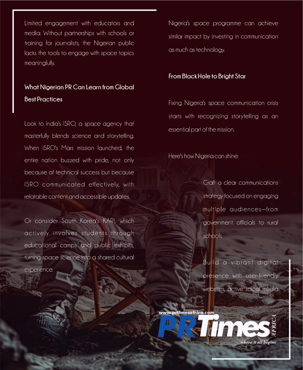 prtimesafrica's tweet image. Why Nigeria's Ambitious Space Program Might Fall Flat and How Effective Storytelling Can Make a Difference.
#Nigeria
#Spaceprogram
#Storytelling
#Communication
#Publicrelations
#PrTimesAfricaMediaLimited
