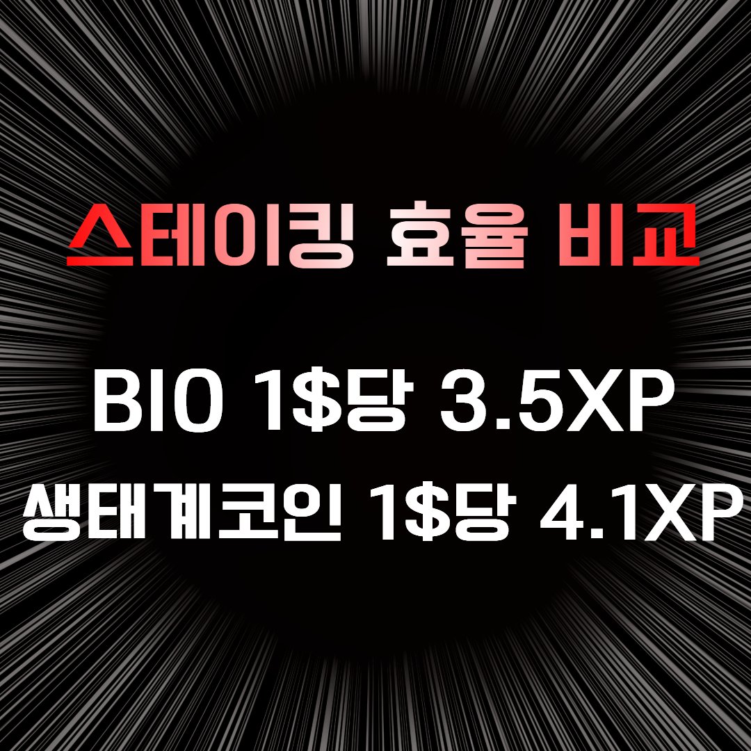 Bio 스테이킹 효율 비교 2탄 아직도 여전히 생태계코인 스테이킹하는게 $Bio 스테이킹보다 더 효율적이긴 하지만 지난번 보다는 차이가  좀 줄어들긴 했네요 Bio 1$당 XP는 3.3XP ->3.5XP로 소폭 늘었고 생태계코인 1$당 XP는 5XP ->