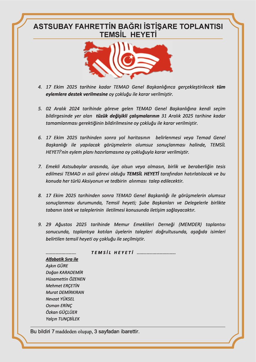 TEMAD GENEL BAŞKANLIĞINA
Konu: 29 Ağustos 2025 “Çankaya Bildirisi”  Hk.
Sayın Genel Başkan,

29 Ağustos 2025 tarihinde Ankara’da, Memur Emeklileri Derneği’nin ev sahipliğinde gerçekleştirilen Astsubay Fahrettin Bağrı İstişare Toplantısı sonucunda, camiamızın ortak beklenti ve
