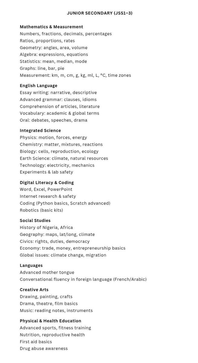 NigeriaStories's tweet image. 🚨BREAKING NEWS 🚨

Nigeria 🇳🇬 New school Curriculum: 

Full List of JSS, SS subjects

Federal Government has added 👇🏾

~Compulsory digital literacy and basic entrepreneurship for JSS

~ Programming, AI, Languages for SSS