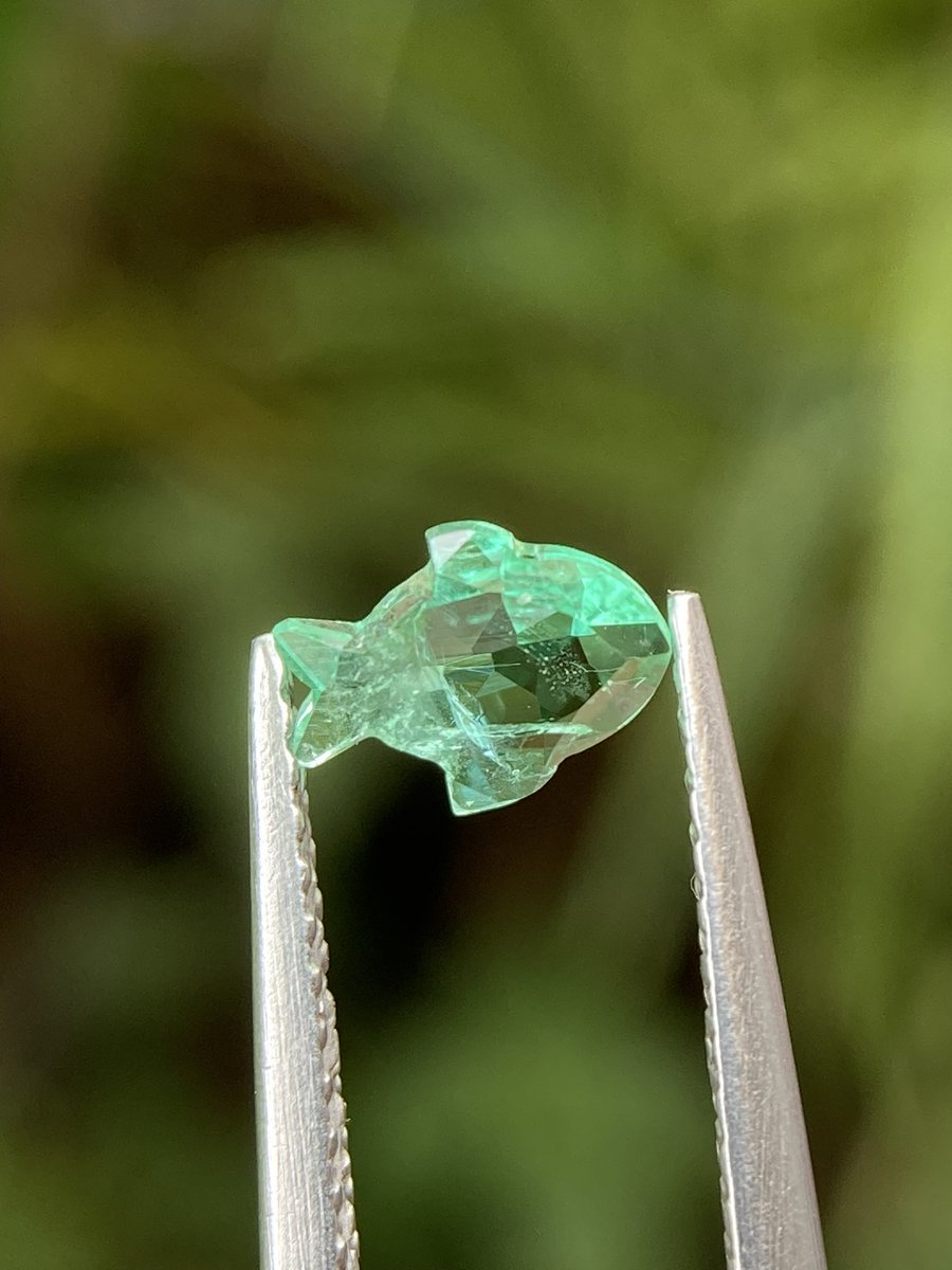 Tanzanite1564's tweet image. 天然エメラルドフィッシュカット🐟🐠.
特別なカット（非常に珍しいエメラルドの魚の形をしたカット.😍
色はとても良いです.
重量：0.36カラット
寸法：長さ6.47mm
明瞭性、包含性（クリーンではない）

#emerald #Gemstones #rare #fish