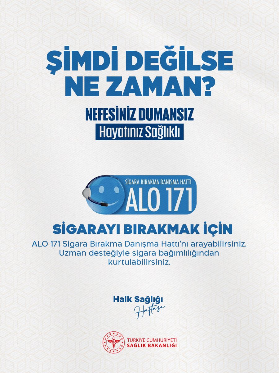 Şimdi değilse ne zaman ❓

Sigarayı bırakmak için ALO 171 Sigara Bırakma Danışma Hattı'nı arayabilirsiniz. Uzman desteğiyle sigara bağımlılığından kurtulabilirsiniz. 

#HalkSağlığıHaftası #KoruyanGeliştirenSağlık #DumansızTürkiye #SağlıklıTürkiyeYüzyılı
