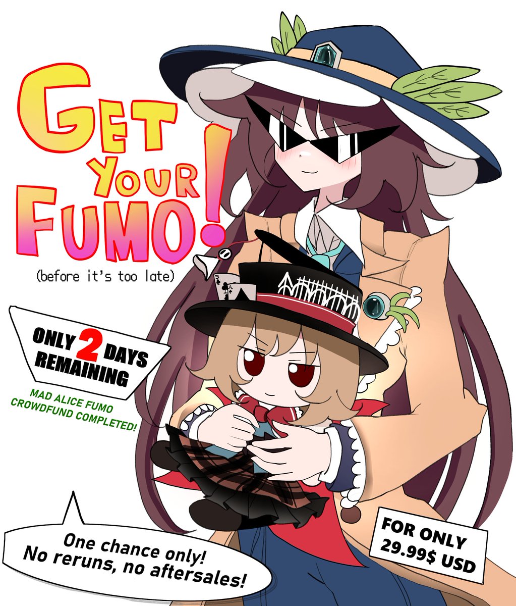 Mad Alice Fumo campaign, 2 DAYS LEFT!

We've reached our crowdfunding goal, and if you'd like to get Mad Alice in your room, now's your last chance! 

There will be no other way to purchase it after the campaign, so secure yours now before it’s gone!
Link below!
 
#fumo