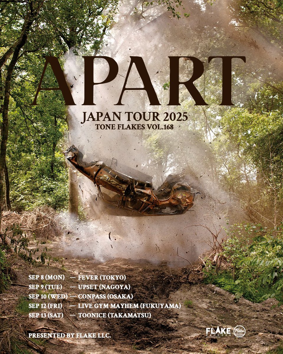 🇫🇷フランスの正統派エモ・バンド、Apartのジャパン・ツアーがいよいよ来週9/8(月)東京 新代田FEVER公演から始まります！僕もツアーのお手伝いさせて頂きます！東京・名古屋・大阪・福山・高松在住のエモ/オルタナティヴ/インディーロック好きの皆さん全員集合でお願いします！flakerecords.com/news_toneflake…