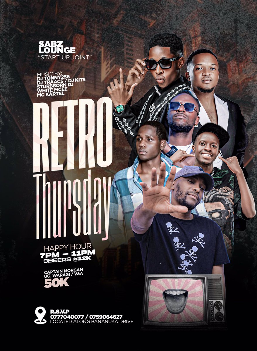 Thursdays are for #RetroThurdays at Sabs Lounge featuring <a href="/MediKits1/">DJ KITS 🇺🇬 ✌️</a> <a href="/KartelMcee/">Kartel Mcee</a>