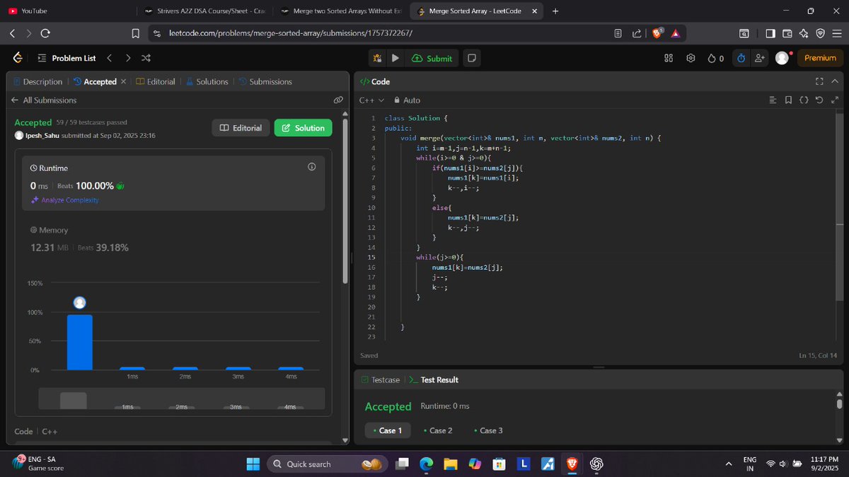 sahu_ipesh's tweet image. Day 12 of #100DaysOfCode 

-&amp;gt; Solved Subarray with Given XOR. 
-&amp;gt;  Solved Merge Sorted Arrays.
-&amp;gt; Solved Merge Intervals.

#dsa #buildinpublic #webdev