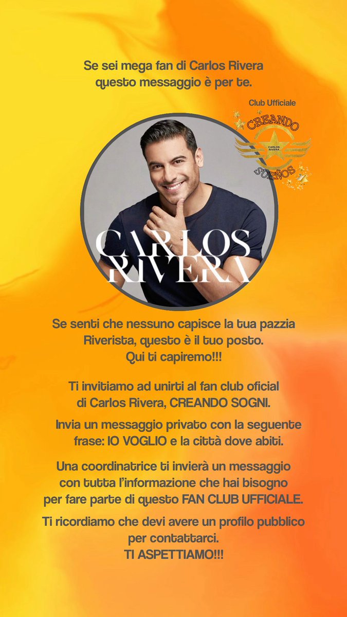 #CReandoSueños_Italia🧡⭐️🇮🇹  <a href="/CR_CReandoS/">Carlos Rivera CReando Sueños</a>  FANS CLUB INTERNACIONAL DE CARLOS RIVERA <a href="/ElyyGitanna/">Elyy Gitanna</a>