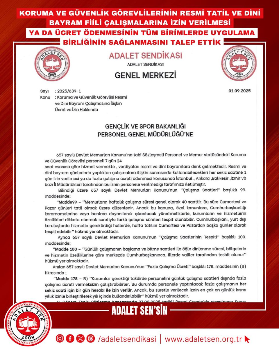 <a href="/gencliksporbak/">Gençlik ve Spor Bakanlığı 🇹🇷</a> Bakanlıkta görev yapan koruma ve güvenlik görevlisi personelin 2 yıldır maruz kaldığı haksız uygulamaların artık son bulmasını istiyoruz. Güncel yasal düzenlemelerle koruma ve güvenlik görevlisine resmi tatil ve dini bayram günlerinde ki fiili çalışmalarına