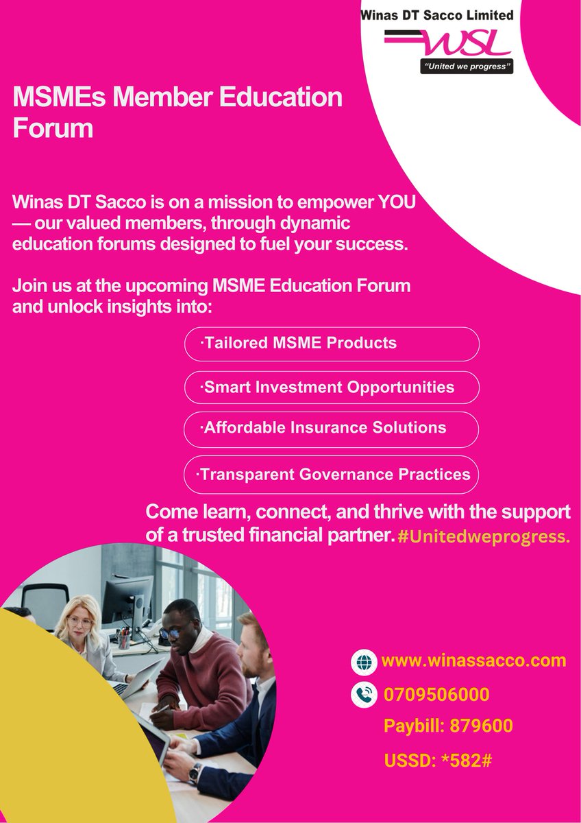 Winas DT Sacco endeavors to continuously offer enhanced capacity through education forums.

Join us in the upcoming MSME education forums as outlined in the respective areas. 

☎️0709506000
📧 Info@winassacco.com

winassacco.com

#unitedweprogress