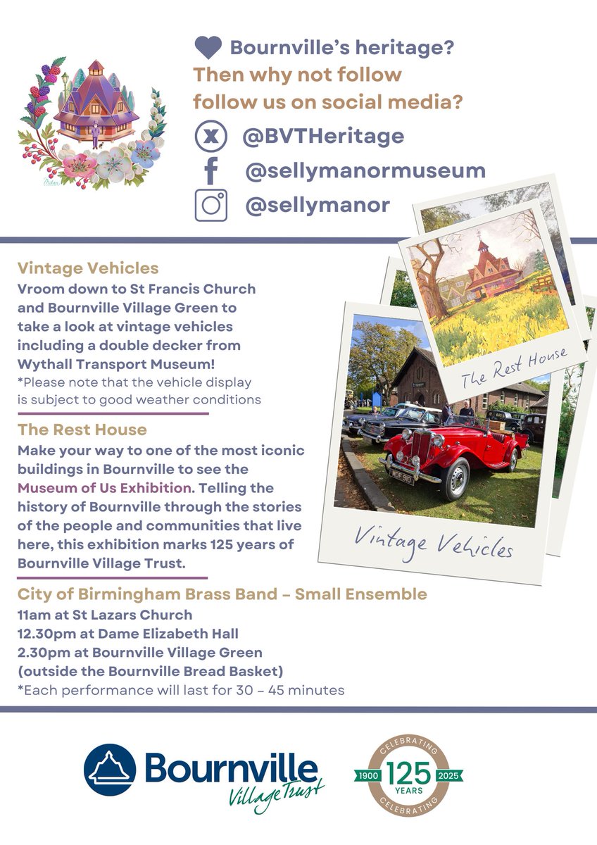 Here's the Programme of Events for #Bournville Heritage Open Day 2025 | 13.09.25 | 10 - 4 | As well as opening 17 incredible historic sites for FREE, there are plenty of activities, tours, performances + displays for you to enjoy. Take a look at what we've got to offer!