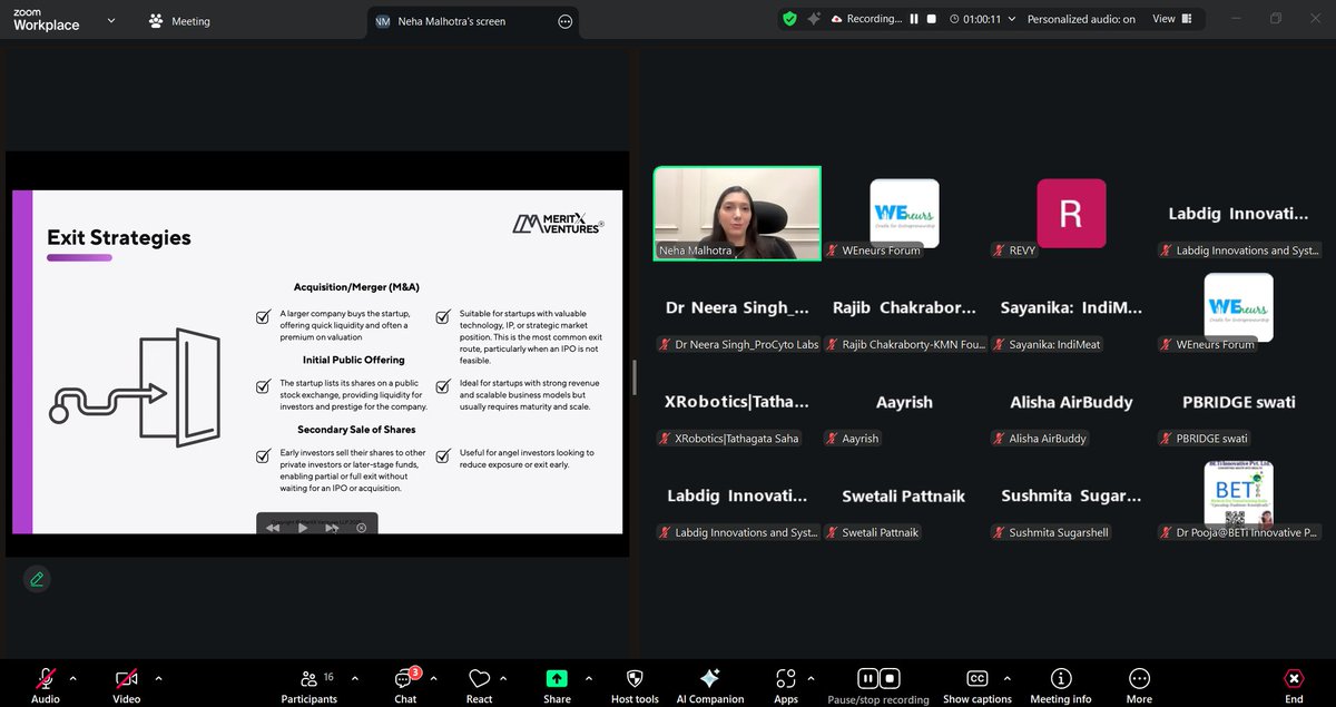 ✅ Module 10 of #WISE completed – Preparing for Investment!

An insightful session with our cohort on Due Diligence, Term Sheets, Negotiating Equity &amp; Valuation, and Exit Strategies for Founders as they gear up for fundraising &amp; Demo Day.
Thanks to mentor Ms. Neha Malhotra 🚀