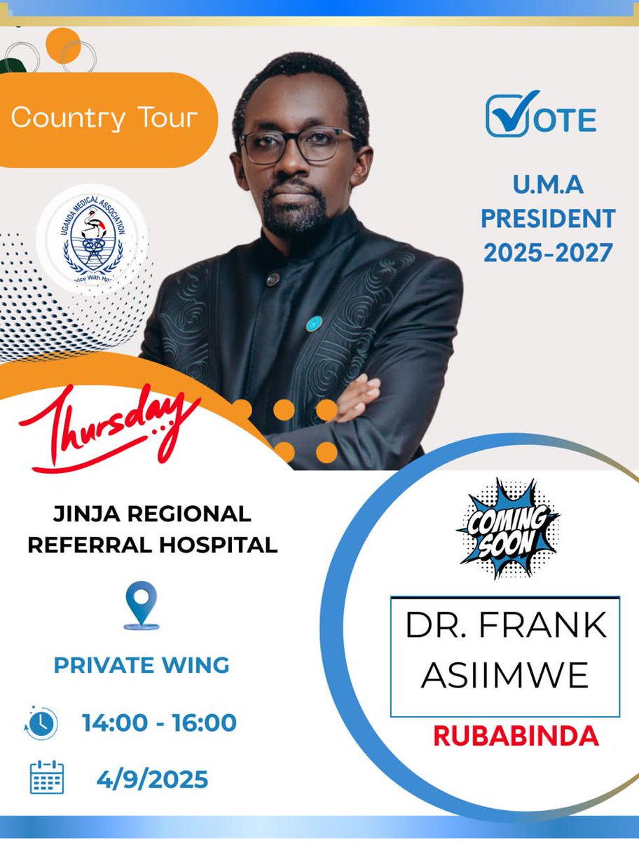 KagaheJamadah's tweet image. Dr.Frank Asimwe,the incoming president of the Uganda Medical  Association @TheUMAofficial and whole  the campaign team will be at Jinja RRH tomorrow 4th September, 2025.
Come and give an insight on how you would ant U.M.A to be.
We shall listen and take notes!
#firstprinciples