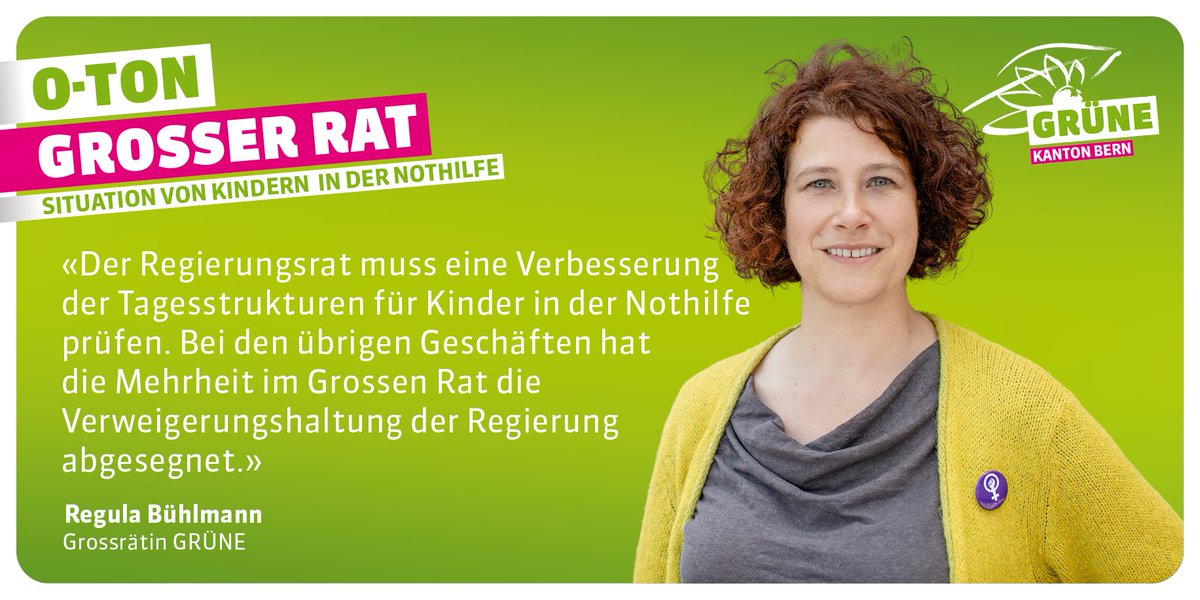 Der Grosse Rat hat in der #Herbstsession vier Vorstösse zur Situation von Kindern und Jugendlichen in der Nothilfe im Asylbereich debattiert. Das Resultat: Die Mehrheit sieht den dringenden Handlungsbedarf nicht. 🗯️ <a href="/RegulaBuehlmann/">Regula Bühlmann</a>