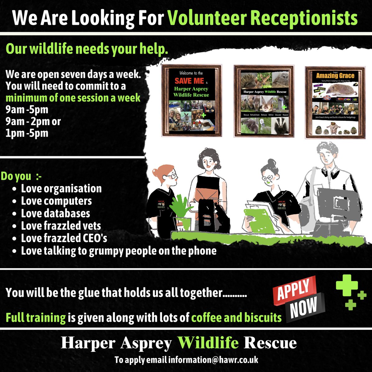 🌿 Volunteer Receptionists Wanted! 🌿
Love wildlife &amp; being organised? Join our team!
💻 Computer-based (CRM system)
🤝 Supportive, friendly team
☕ Coffee, 🍪 biscuits &amp; new skills
1 day a week + passion for wildlife = YOU!
📧 workingwithus@hawr.co.uk