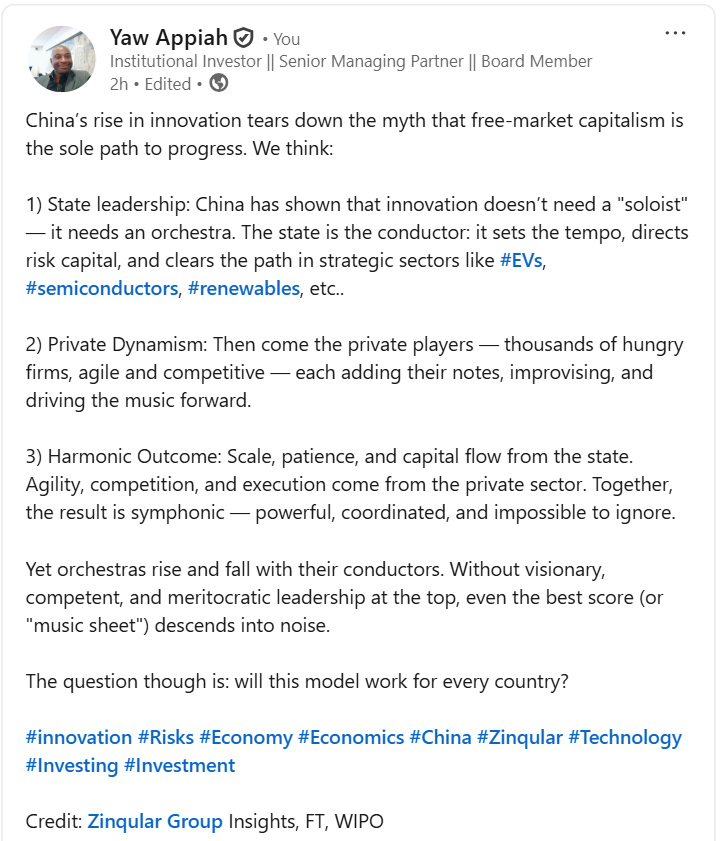 ymappiah's tweet photo. Yet orchestras rise and fall with their conductors. Without visionary, competent, and meritocratic leadership at the top, even the best score (or "music sheet") descends into noise.  The question though is: will this model work for every country? https://t.co/UIikKZyWnu