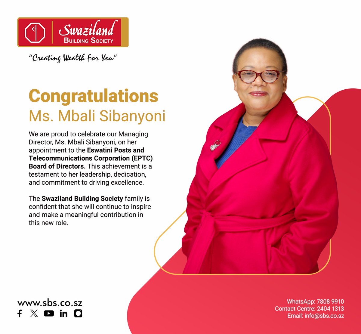 We are proud to celebrate our Managing Director on her appointment to the Eswatini Posts and Telecommunications Corporation (EPTC) Board of Directors.
This milestone is a testament to her outstanding leadership, dedication, and commitment to excellence.👏
#CreatingWealthForYou