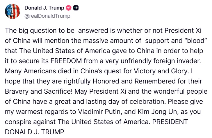Trump Questions Whether Xi Will Acknowledge U.S. Role in China’s Freedom, Sends Barbed Message to Vladimir Putin and Kim Jong Un

#Trump #XiJinping #China #VladimirPutin #KimJongUn #NorthKorea #freedom