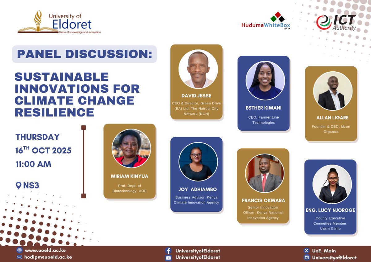 CALL FOR PARTICIPATION!

7th Annual University of Eldoret Innovation Week &amp; Public Lecture! 
Date: 15–17 October 202Register to exhibit: forms.gle/S1nYduxLDzQDH2… 
 Join the Innovation Challenge: forms.gle/J2ZDDN22kiFEHF…

For inquiries: hodipm@uoeld.ac.ke