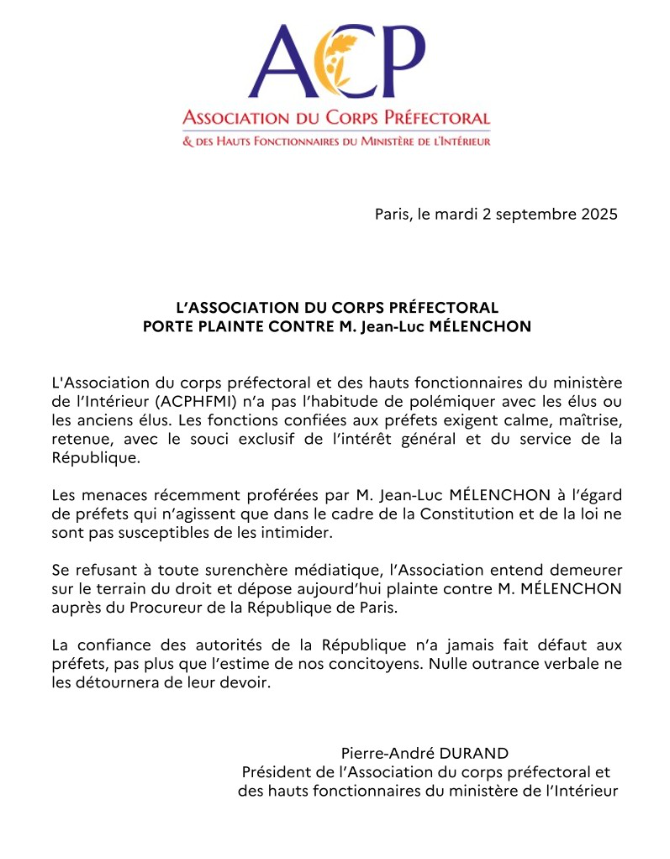 Rarissime : l'association des préfets porte plainte contre Jean-Luc Mélenchon (communiqué/LinkedIn)