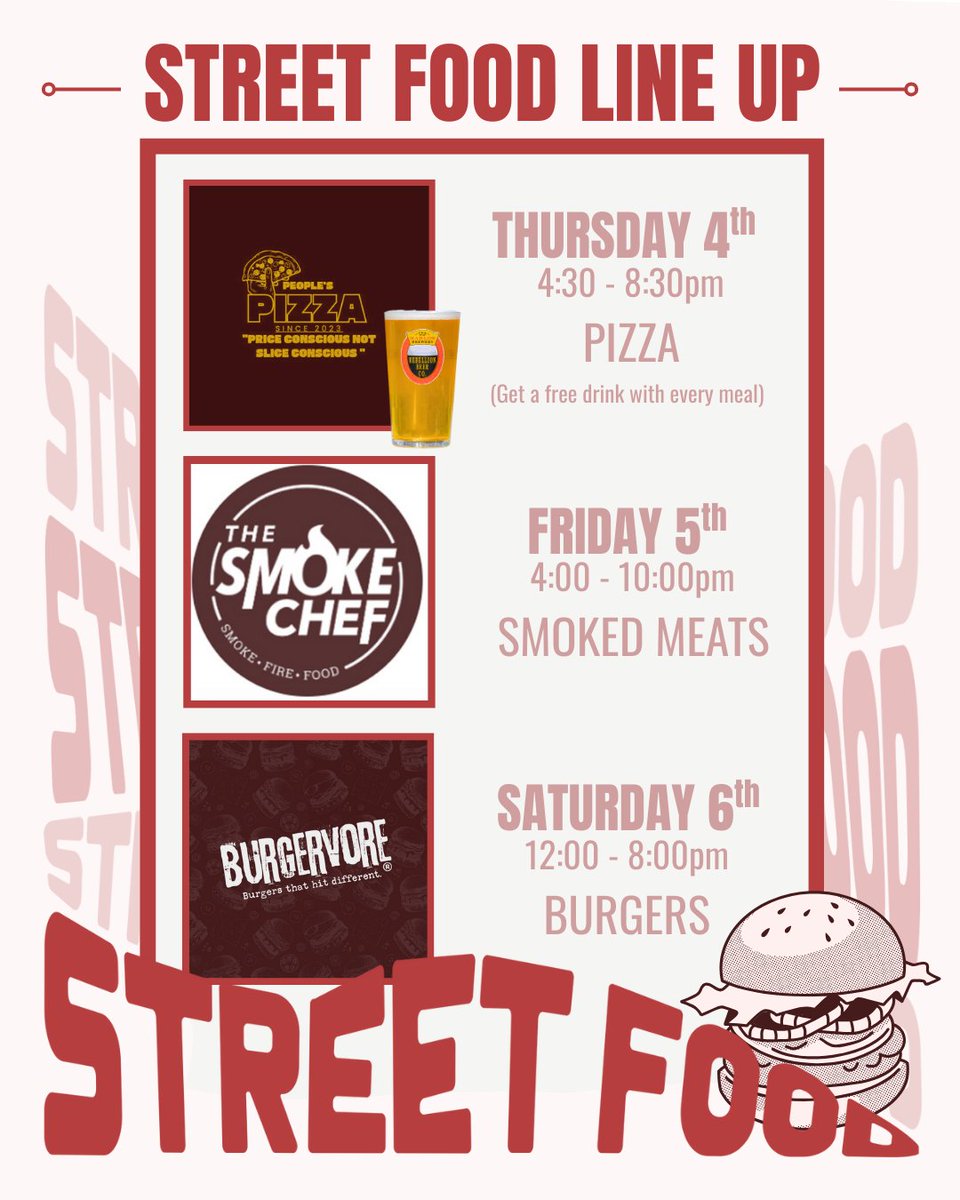 This Week’s Street Food Line-Up! 🙌

Come down, grab a bite and a pint!
Cheers! 🍻
