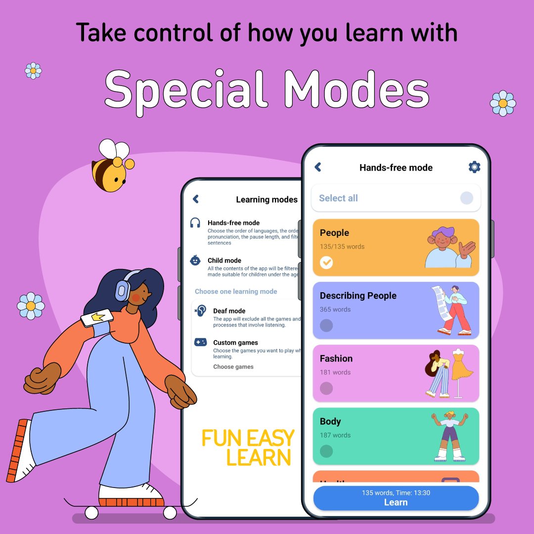 FunEasyLearn's tweet image. Stop bending to boring #lessons!🐝
#FunEasyLearn’s special #modes put you in control:
🎧Hands-Free Mode - learn on the go
🦻Deaf Mode - skip listening, focus on #reading & #writing
🧸Child Mode - keep the content kid-safe
Start learning your way:
🌐funeasylearn.com