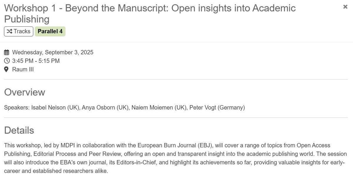 Don't forget to attend the Academic Publishing Workshop. Our Editors-in-Chief, Prof. Naiem Moiemen and Prof. Peter Vogt, and other senior Editorial Board Members will be there. 

⏲️ 3:45 PM - 5:15 PM
🏢 Parallel 4/Raum III

#BEA2025 #MDPI #EBJ #AcademicPublishing #PeerReview