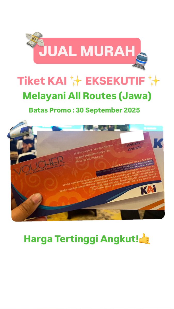 paramithasty's tweet photo. wts tiket KAI murah nih pake voucher sampe akhir bulan, kelas eksekutif all routes Jawa🚅 https://t.co/NyXxrtbxz0
