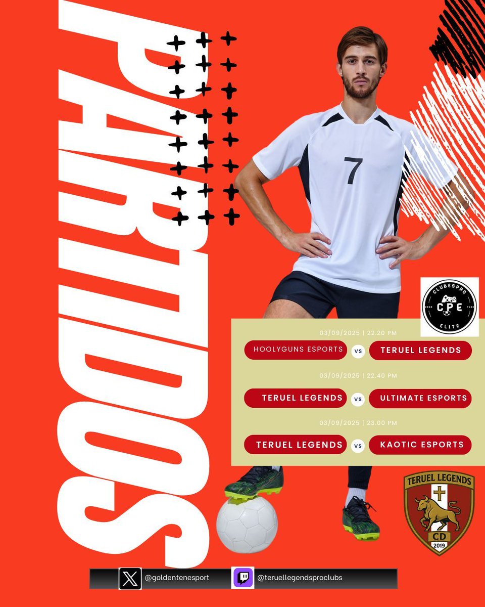 📣  Hoy tenemos partidos de Liga de Clausura FC25 
@ClubesProElite
 
Mucha surte a nuestros rivales!
<a href="/HoolygunsEs/">HoolygunsEs</a> 
<a href="/kaoticesports_/">kaotic</a>
 ultimatesports 
Sigue el directo en: twitch.tv/teruellegendsp… 
#FC25 #twitch #clubspro  <a href="/_chocolate3000/">AYUDAS FIFA CHOCO3K🐦</a>
