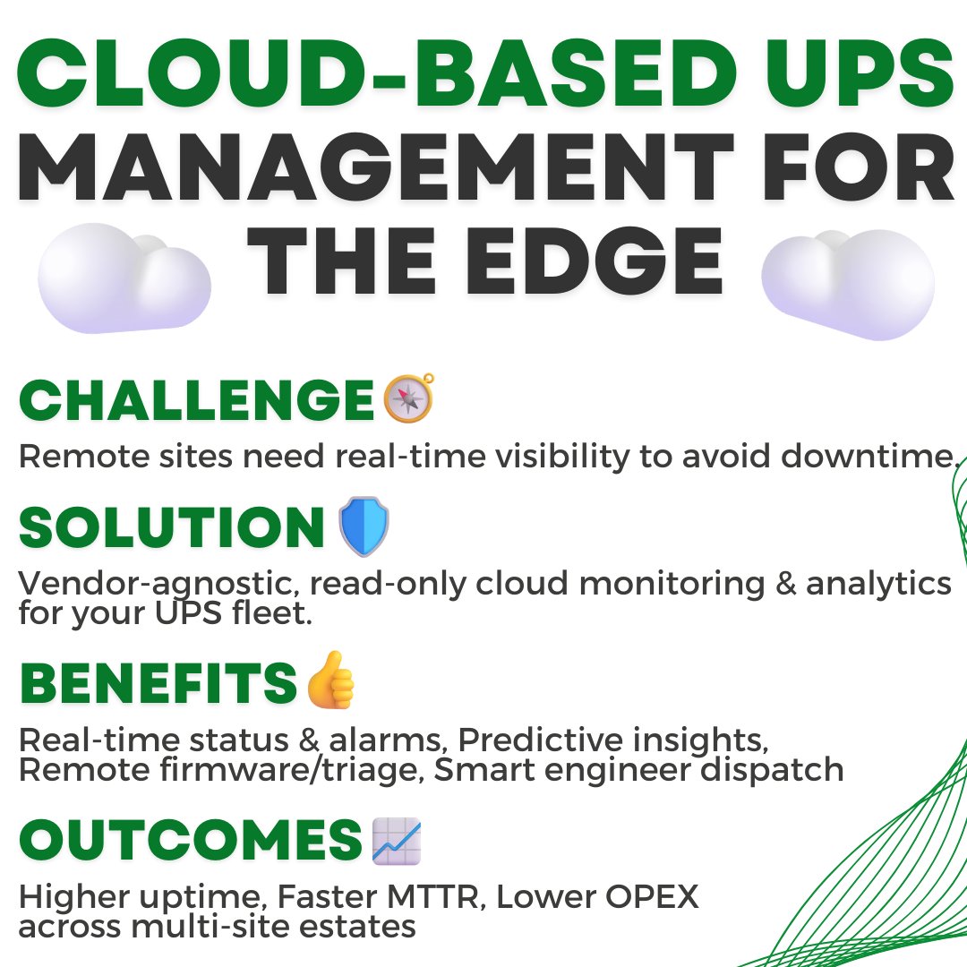 SourceUPSLtd's tweet image. ☁️🔌 No more blind spots at the edge.
See any UPS brand in one cloud view: 👀 live health, 🔔 alerts, 🔮 trends, 🔧 remote updates, 🚚 smart call-outs. More uptime, lower OPEX.
Learn more: sourceups.co.uk
#UPS #EdgeComputing #RemoteMonitoring #ITOps #DataCentre