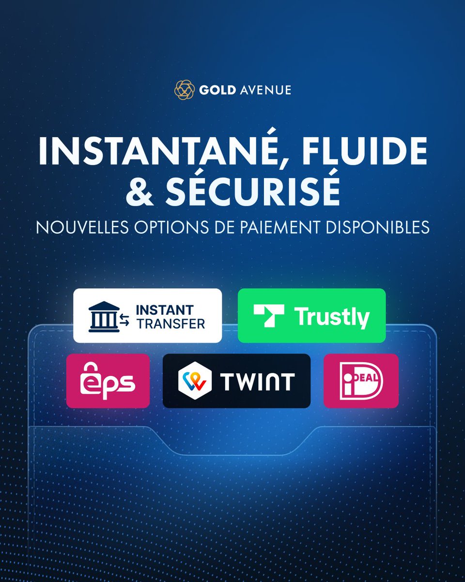 🚀 L'avenir de l'achat d'or et d'argent commence ici

Plus de modes de paiement. Plus de raisons de choisir GOLD AVENUE. 💳✨
Nous avons ajouté des options de paiement simples et sécurisées :

- Virement instantané (Pay By Bank) : vos paiements bancaires instantanés et sans