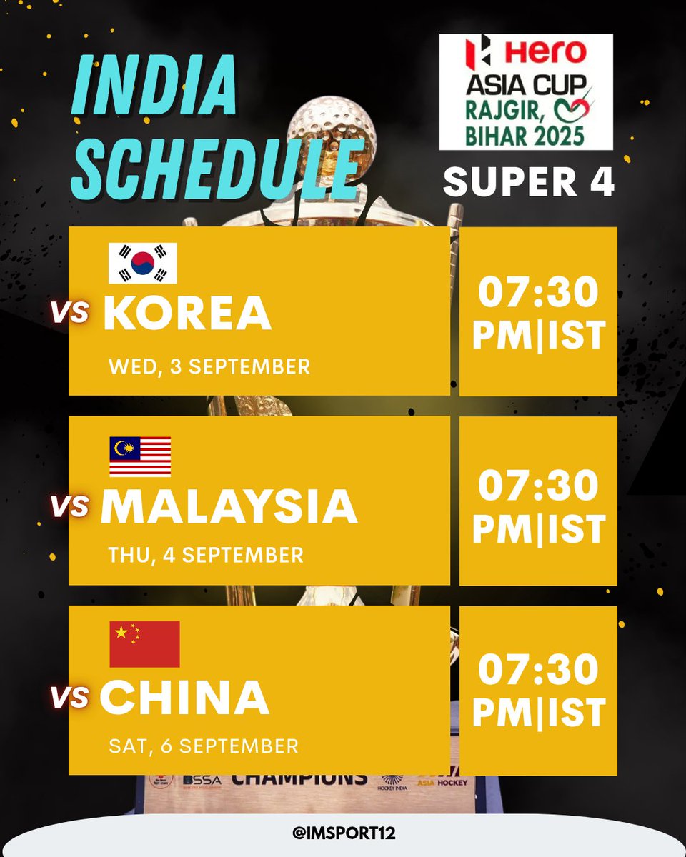 Indian Hockey Team schedule for Super 4 stage of #heroasiacup 2025 

#hockeyindia starts its campaign today against #Korea 730 PM IST 

#Rajgir #Bihar #indianhockey #IndianHockeyTeam #HeroAsiaCup2025