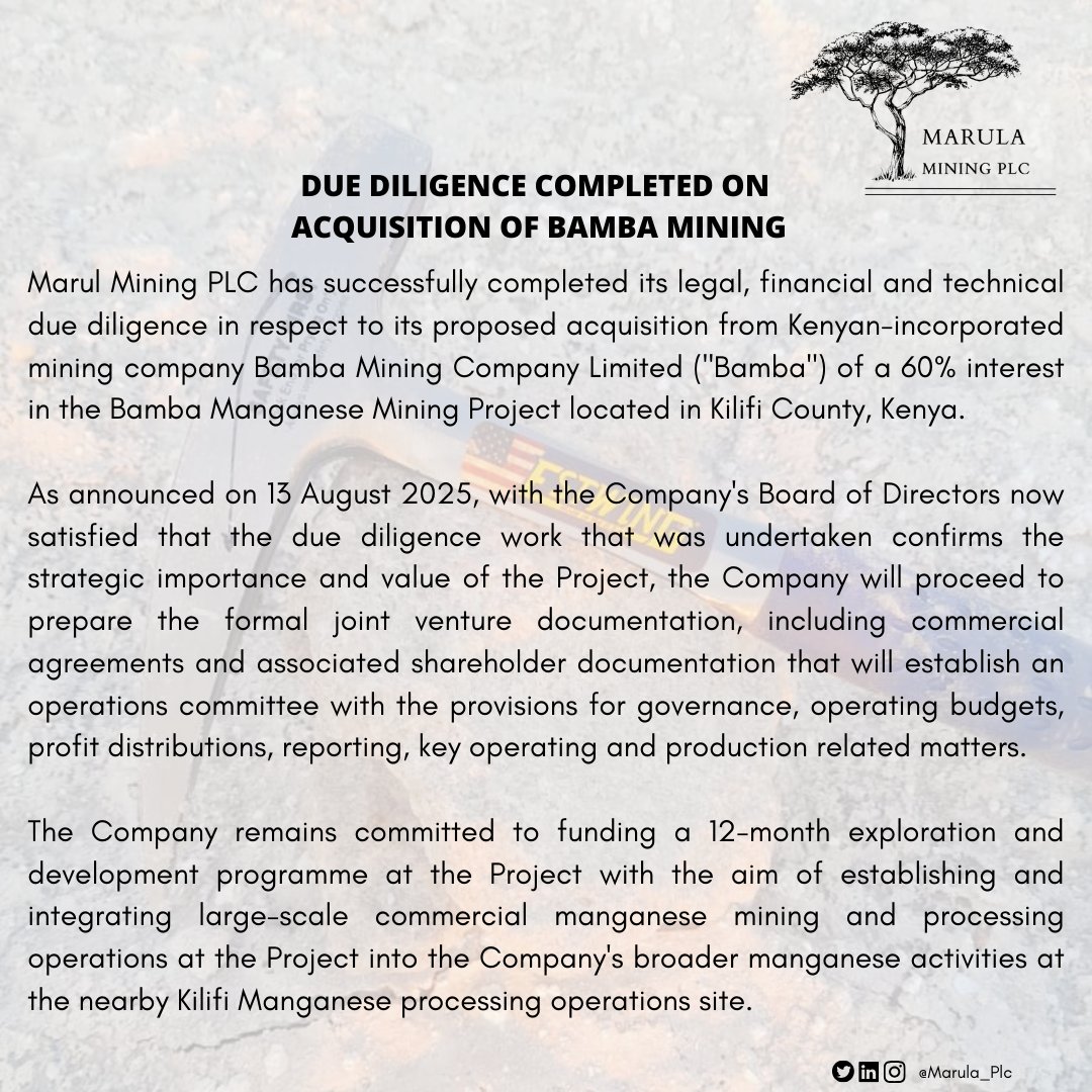 🚨 Due Diligence Completed on Acquisition of Bamba Mining

Read More ➡📃 aquis.eu/stock-exchange…

#MARU #Manganese #Kenya #Mining
