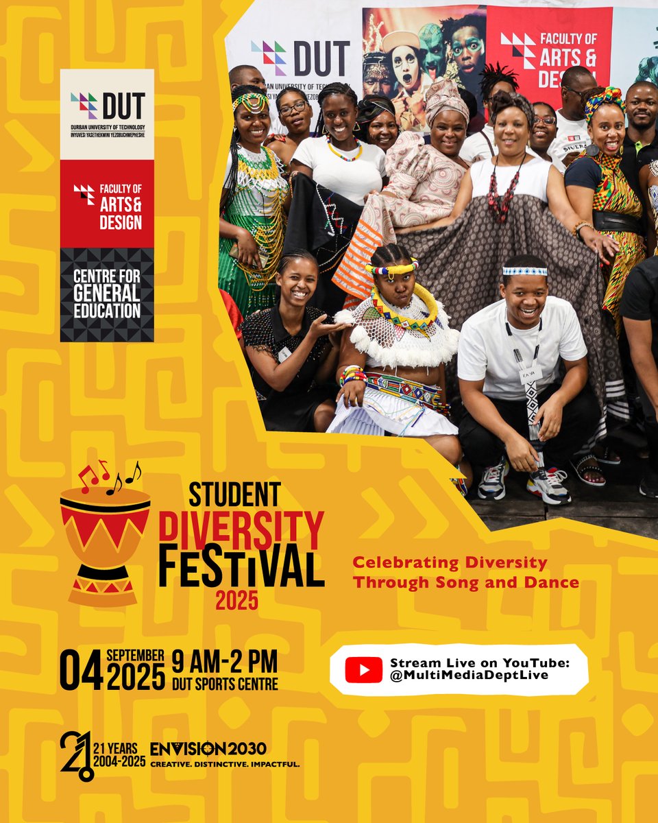 🔥🔥1 Day to Go! 🔥🔥
Tomorrow we come together for the 2nd Annual Student Diversity Festival 2025 

📅Date: 4 September 2025
⏲️Time: 09:00 – 14:00
📍Venue: Fred Crookes Sports Centre, Steve Biko Campus
🎭Theme: Celebrating Diversity through Song and Dance