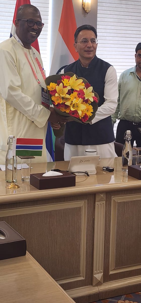20th CII India-Africa Business Conclave! Hon. Baboucarr Ousmaila Joof, Minister of Trade, reaffirmed our commitment to democracy, fair trade &amp; growth under the Yiriwa Plan. The Gambia is open for partnerships with India, Africa &amp; global investors! 🌍✨