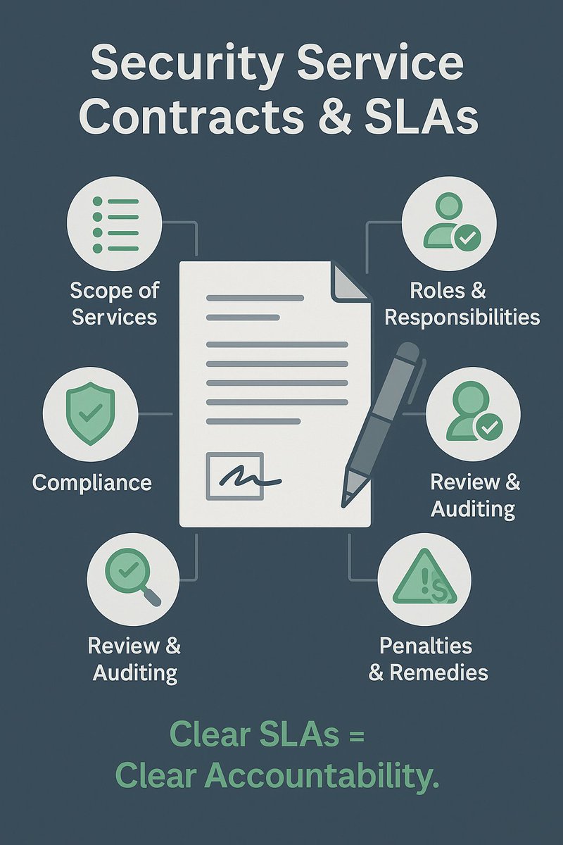 DynamicReact's tweet image. 📑 Security Service Contracts & SLAs
✅ Scope of services
✅ Performance metrics
✅ Roles & responsibilities
✅ Compliance
✅ Reviews & audits
✅ Penalties & remedies
Clear SLAs = clear accountability.
#Security #Contracts #SLA