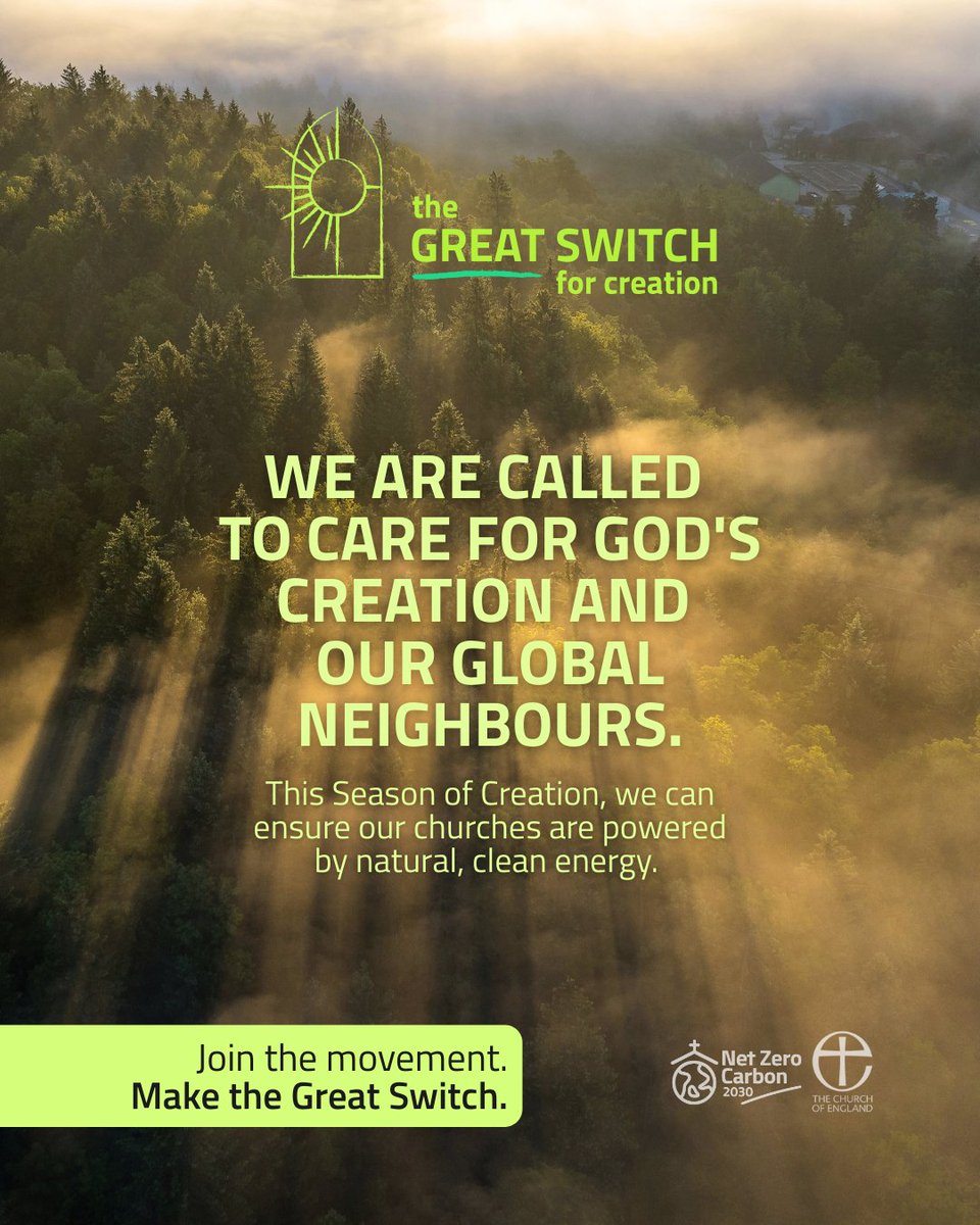 The global climate emergency is one facing the whole of God’s creation. This Season of Creation, we can choose to act. One of the ways a church can do this is by switching to a green energy supplier.   

Find out more at churchofengland.org/about/environm…

#thegreatswitchforcreation