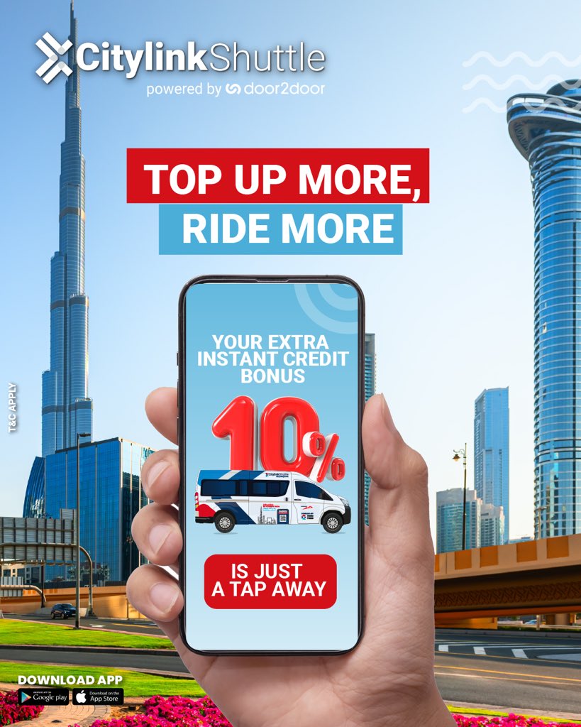 CitylinkDubai's tweet photo. TOP UP MORE, RIDE MORE 🚐💳
Get 10% instant bonus every time you recharge — more credit, more savings, more Citylink rides across Dubai.
✅ Smart commutes
✅ Zero stress
Top up today, ride smarter tomorrow!
T&Cs apply
#CitylinkDubai #CitylinkShuttle #TopUpBonus #RideSmart https://t.co/GRNGT1IiDu