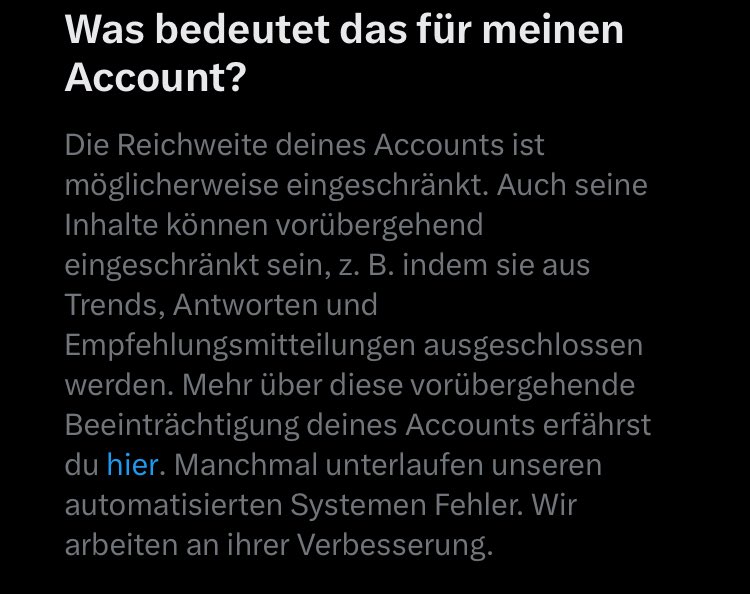 Weil man der <a href="/AfD/">AfD</a> widerspricht, deutlich macht, dass man die Partei ablehnt und für ein #AfDVerbotJetzt und #AfDVerbotsverfahren ist, wird der Account eingeschränkt. Wo sind jetzt soll die, die immer von „Zensur“ jammern?