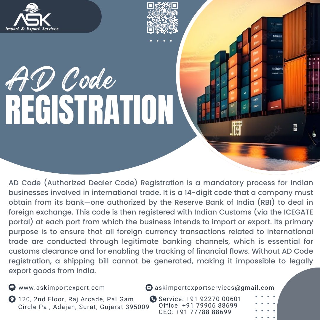 askimpoexpo's tweet image. Essential for international trade! ASK Import &amp;amp; Export Services assists with AD Code Registration, a mandatory step for Indian businesses dealing in foreign exchange. Ensure smooth customs clearance and financial tracking. 
#ADCodeRegistration #ask #ASK #ASKImportExport