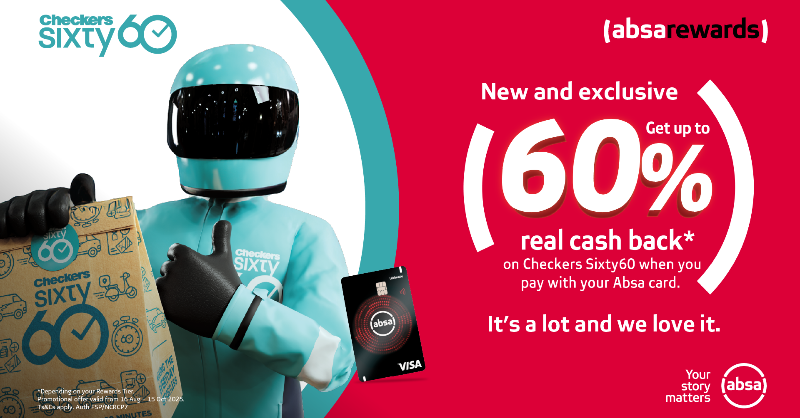 AbsaSouthAfrica's tweet photo. We’re celebrating @Sixty60_Tweets joining the Absa Rewards family with up to 60% real cash back, depending on your Rewards Tier, when you shop using your Absa and Xtra Savings cards.​

Ts&amp;Cs apply.​
Auth FSP/NCRCP7