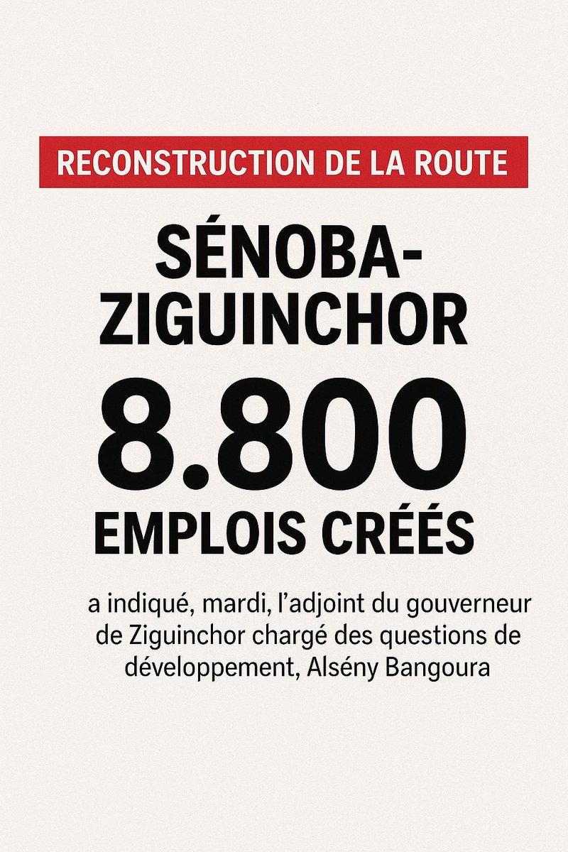 🚧 Reconstruction de la route Sénoba–Ziguinchor : 8.800 emplois créés 👷🏾‍♂️
👉 Info donnée par Alsény Bangoura, adjoint au gouverneur chargé du développement.
#Sénégal #Ziguinchor #Emploi