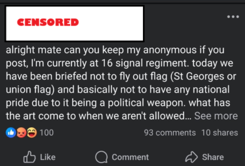 🚨British Armed Forces are taking to social media to complain that they are being briefed NOT to fly the England 🏴󠁧󠁢󠁥󠁮󠁧󠁿 or UK flag🇬🇧

Apparently these flags are now being used as 'political weapons' and soldiers are being encouraged not to put them up

We all know the military have