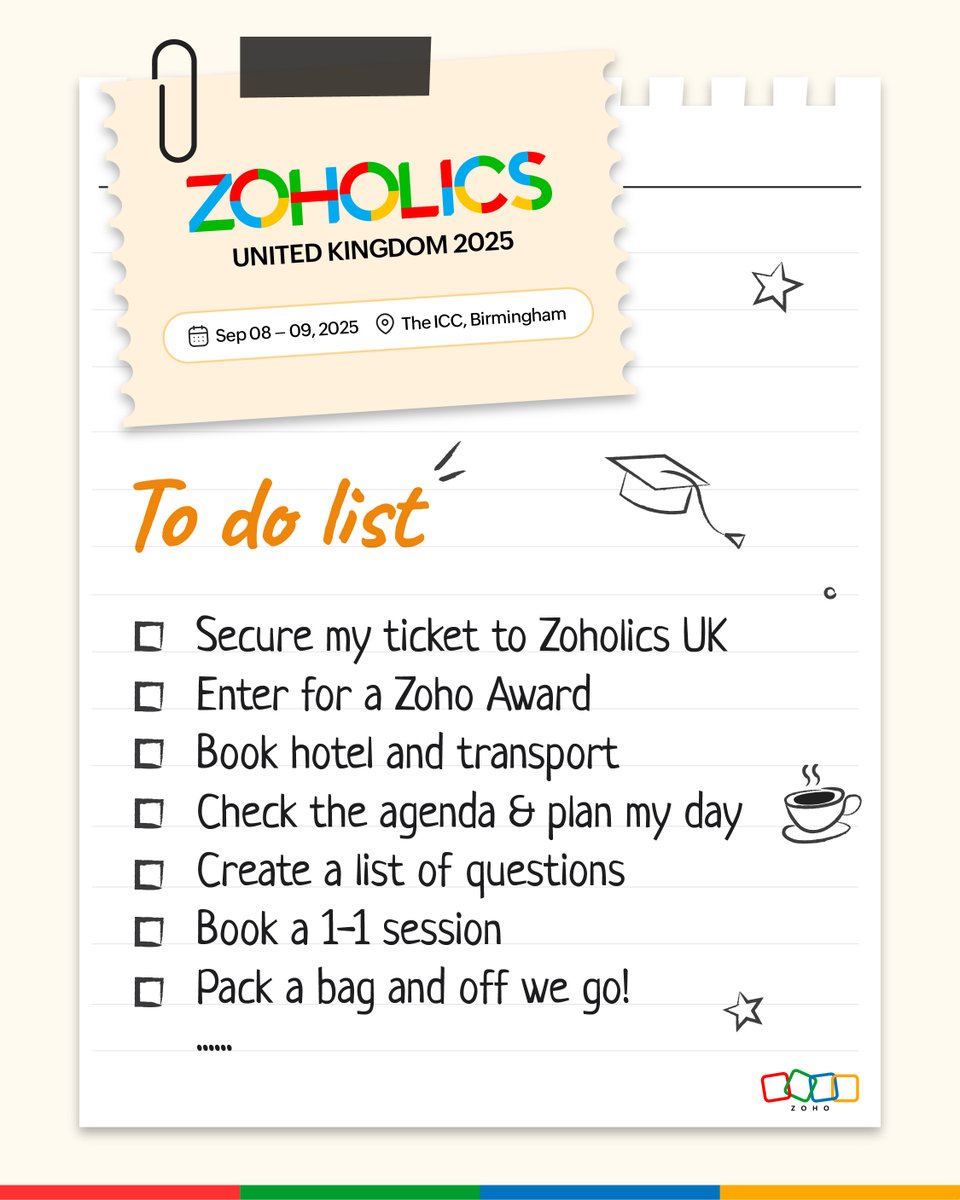 ZohoUK's tweet photo. Your September to-do list isn’t complete without #ZoholicsUK25 📅
Add Zoholics UK 2025 to your calendar and tick off an event packed full of networking, expert advice, and hands-on learning.
🎟 Get your tickets 👉 https://t.co/szwJyJ1SUF
#GameChangingValue https://t.co/kCQNZkt6mF