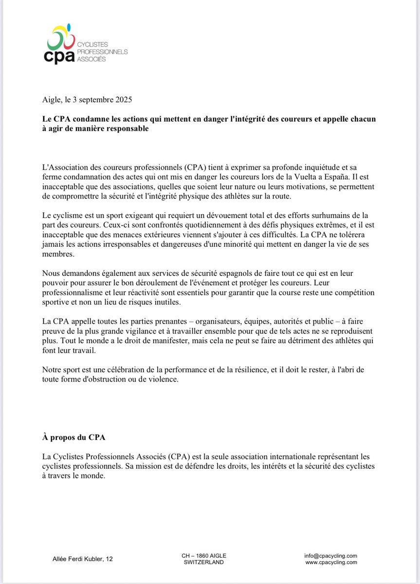cpacycling's tweet image. Here is a statement from the CPA regarding the incidents caused by protests from some demonstrators during yesterday's stage of the Vuelta. 

Aquí hay un comunicado de la CPA sobre los incidentes causados por las protestas de algunos manifestantes durante la etapa de ayer de la…