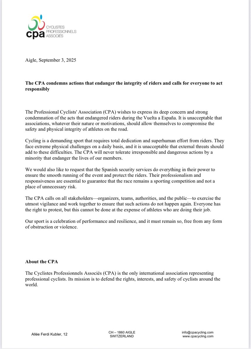 cpacycling's tweet image. Here is a statement from the CPA regarding the incidents caused by protests from some demonstrators during yesterday's stage of the Vuelta. 

Aquí hay un comunicado de la CPA sobre los incidentes causados por las protestas de algunos manifestantes durante la etapa de ayer de la…